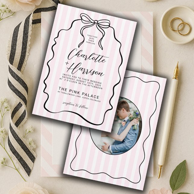 Whimsical Pinstripe Bow Photo Wedding Invitation (Creator Uploaded)
