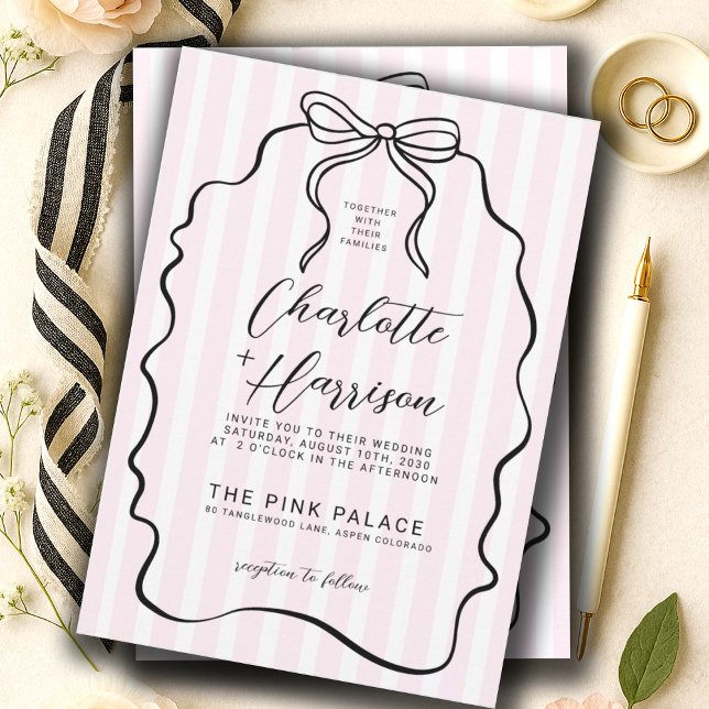 Whimsical Pinstripe Bow Wedding Invitation (Creator Uploaded)