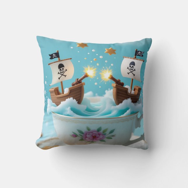 Whimsical Pirate Ships in Teacup Cushion – Cute Fa (Front)