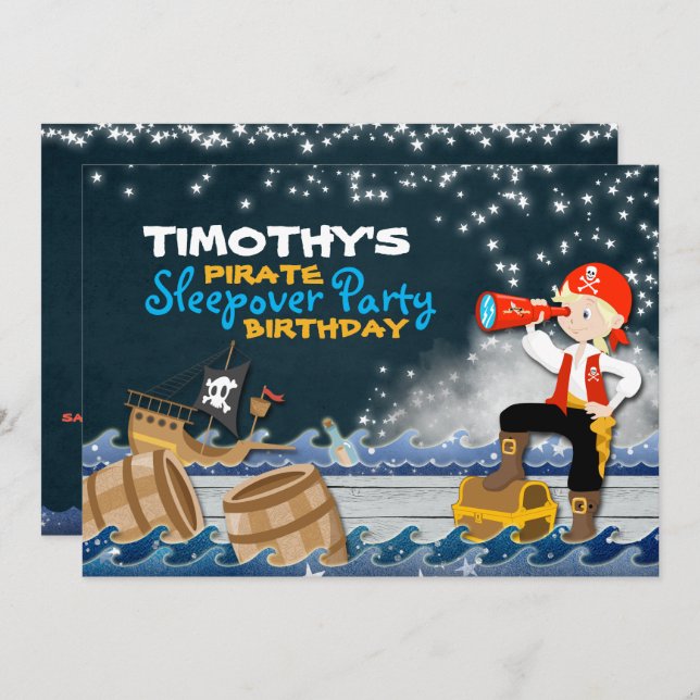 Whimsical Pirate Sleep Over Birthday Party Invite (Front/Back)