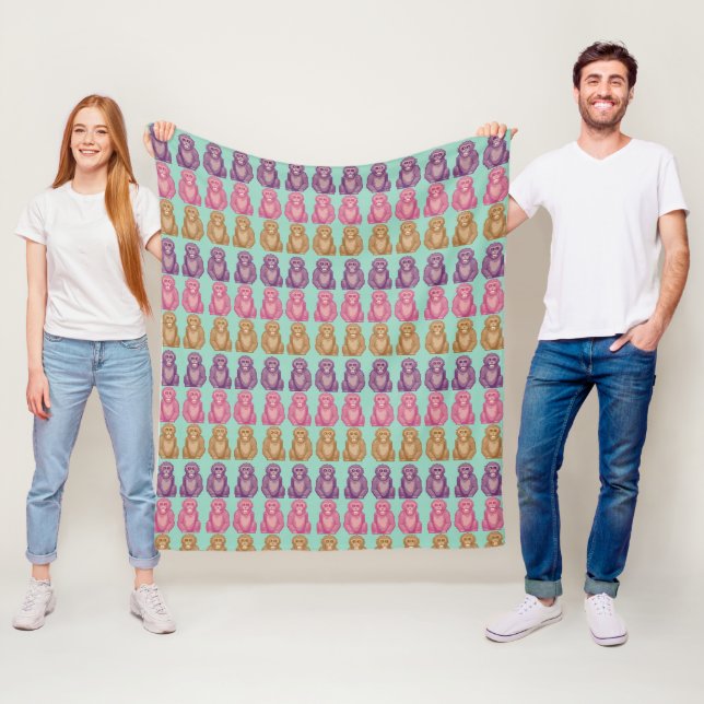 Whimsical Pixel Style Colourful Monkeys Fleece Blanket (In Situ)