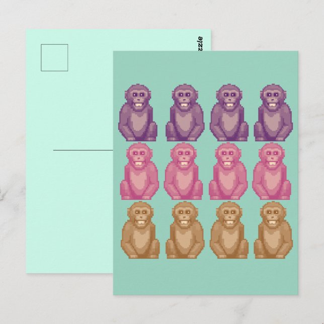 Whimsical Pixel Style Colourful Monkeys Postcard (Front/Back)