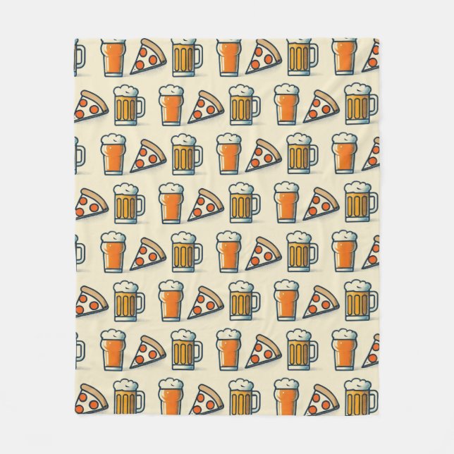 Whimsical Pizza and Beer Pattern Fleece Blanket (Front)