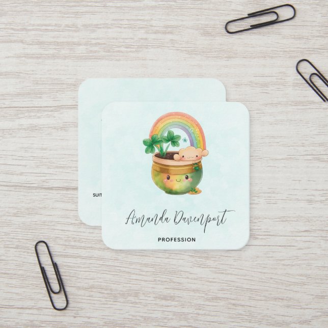 Whimsical Planter with Rainbow & Clover Square Business Card (Front/Back In Situ)