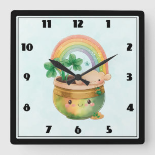Whimsical Planter with Rainbow & Clover Square Wall Clock