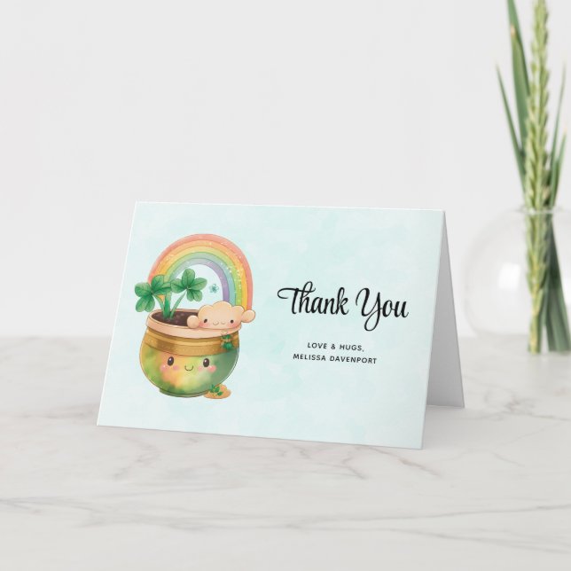Whimsical Planter with Rainbow & Clover Thank You Card (Front)