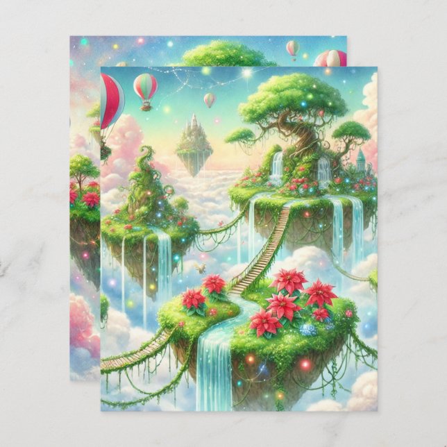 Whimsical Poinsettia Sky Islands Scrapbook Paper (Front/Back)