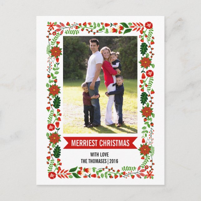 Whimsical poinsettias red, green Christmas photo Holiday Postcard (Front)