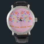Whimsical Pointillism Heart Balloons with Confetti Watch<br><div class="desc">Celebrate a special occasion with this adorable and personalized heart balloon design! The artwork features whimsical pink heart-shaped balloons with sunny yellow polka dots, floating amidst a playful background of purple hearts and soft, colorful bokeh confetti. The unique pointillism (stippled) texture gives it a charming, hand-painted feel. **Easy to Customize:**...</div>