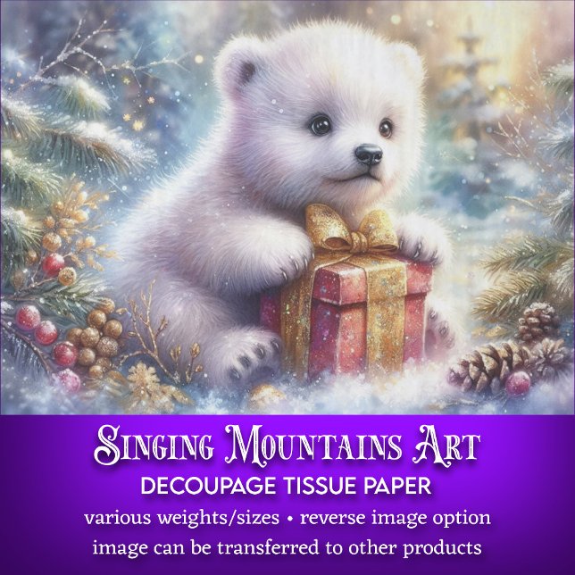 Whimsical Polar Bear Cub With Present Decoupage Tissue Paper (Creator Uploaded)