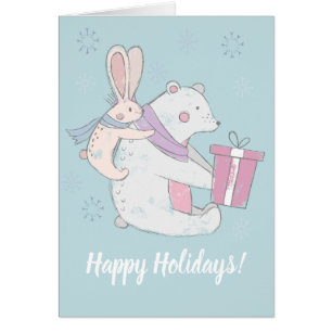 Whimsical Polar Bear Rabbit Happy Holidays