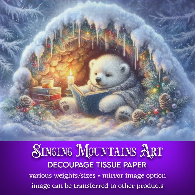 Whimsical Polar Bear Winter Book Reading Decoupage Tissue Paper (Creator Uploaded)