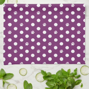 Whimsical Polka Dot Dog Paw Print Purple Tea Towel