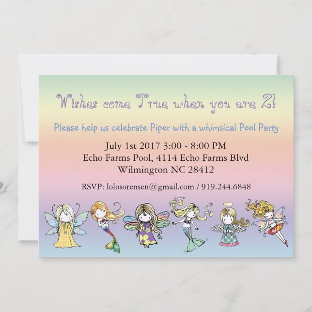 Whimsical Pool Party Fairy Mermaid Angel Invites (Back)