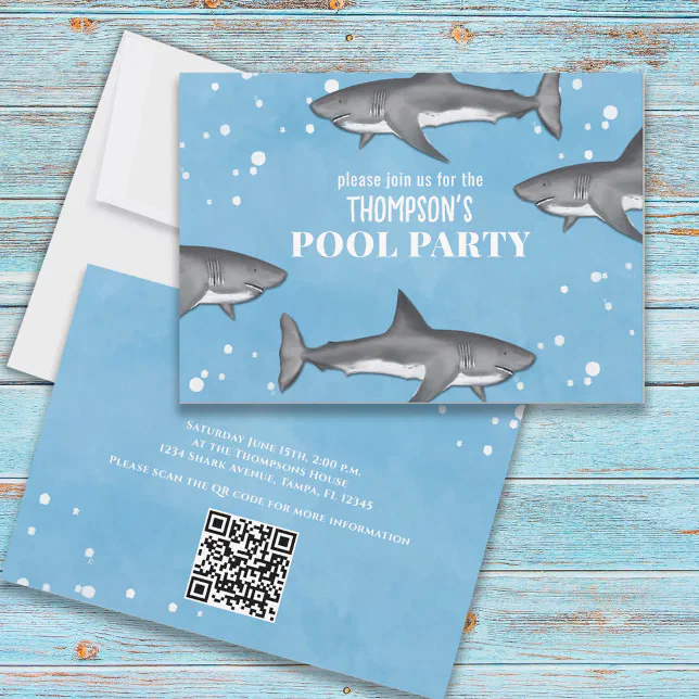 Whimsical Pool Party Ocean Swimming Sharks QR Code Invitation | Zazzle