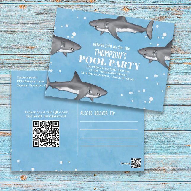 Whimsical Pool Party Sharks QR Code Website Postcard (Creator Uploaded)