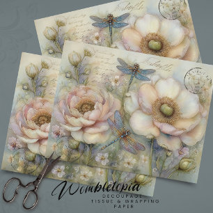 Whimsical Poppies & Dragonfly Floral Decoupage Art Tissue Paper
