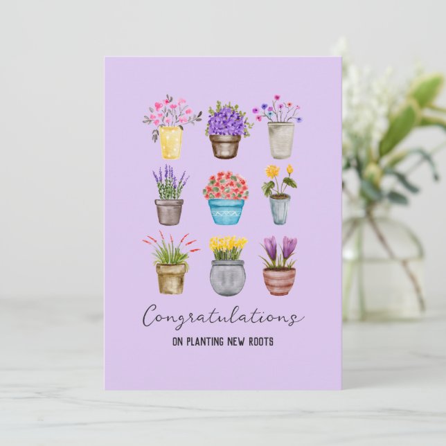 Whimsical Potted Flowers Congratulations New Home Card (Standing Front)