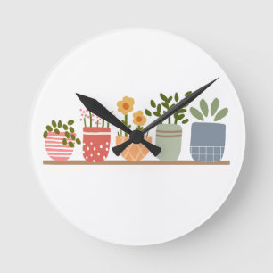 Whimsical Potted Flowers Garden Lover Round Clock