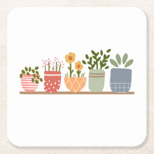 Whimsical Potted Flowers Garden Lover Square Paper Coaster