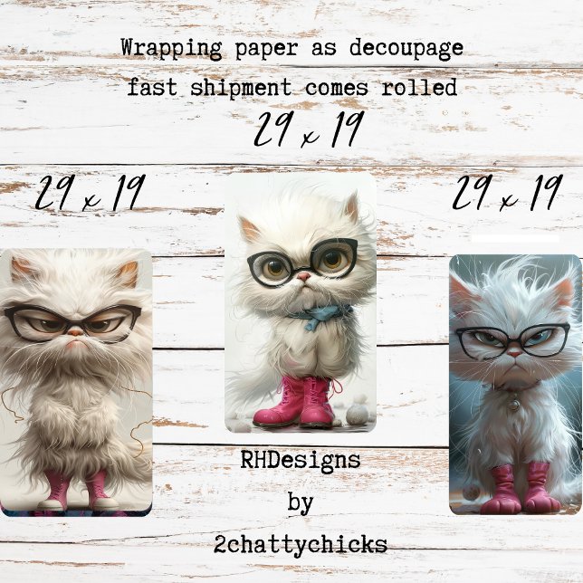 Whimsical Pouty White Cats Decoupage  Wrapping Paper Sheet (Creator Uploaded)