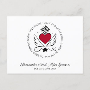 Whimsical Pregnancy   Red Heart With Wings White Announcement Postcard
