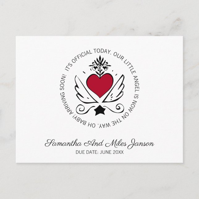 Whimsical Pregnancy | Red Heart With Wings White Announcement Postcard (Front)
