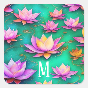 Whimsical Pretty Pink Lotus Flower Pattern Square Sticker