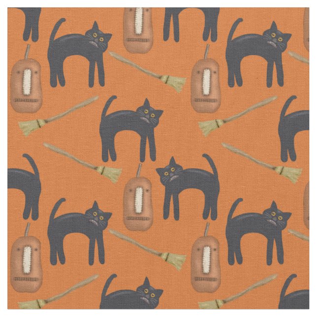 Whimsical Prim Cats and Pumpkins, Halloween Fabric (Close Up)