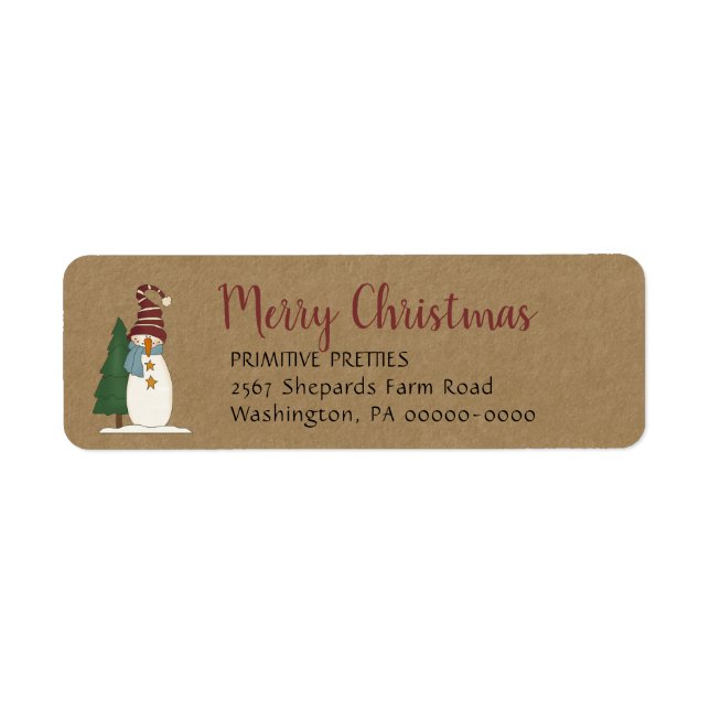 Whimsical Primitive Country Snowman Return Address Label (Front)