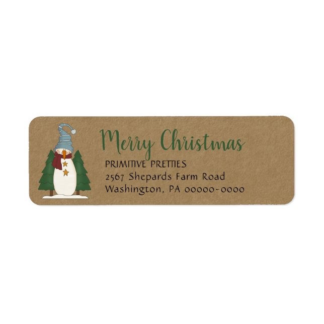 Whimsical Primitive Country Snowman Return Address Label (Front)