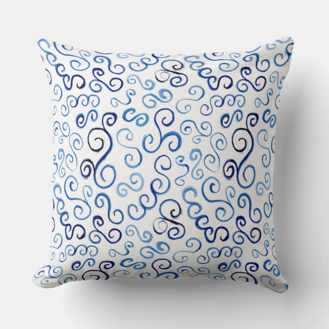 Whimsical Prussian Blue Watercolor Curves Cushion (Front)