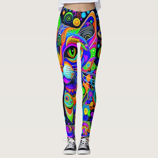 Whimsical Psychedelic Cat All-Over-Print Leggings (Front)