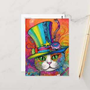 whimsical psychedelic Colourful Kitty in a Tophat Postcard