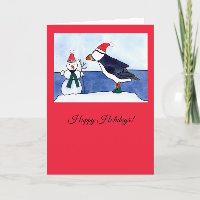 Whimsical Puffin Christmas Greeting Card (Front)