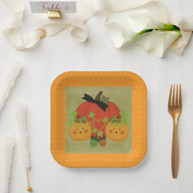 Whimsical Pumpkin & Acorn Halloween Bridal Paper Plate (Wedding)