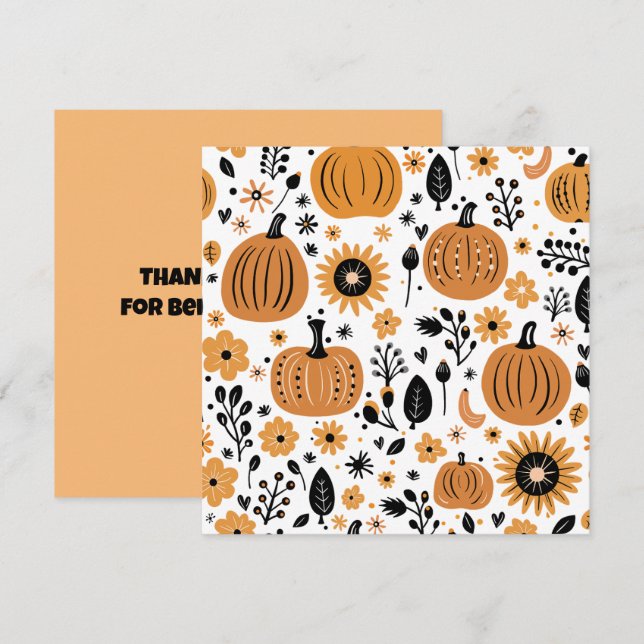 Whimsical pumpkin and fall flower personalised  thank you card (Front/Back)