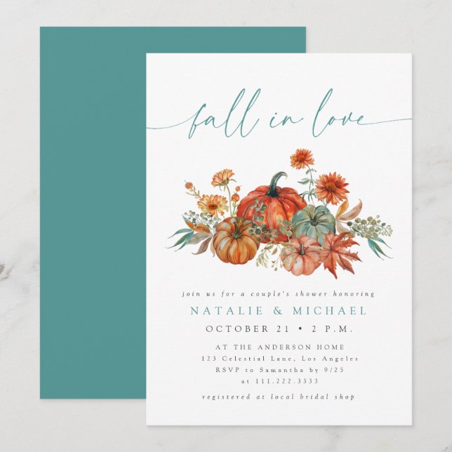 Whimsical Pumpkin Fall in Love Couple's Shower Invitation (Front/Back)