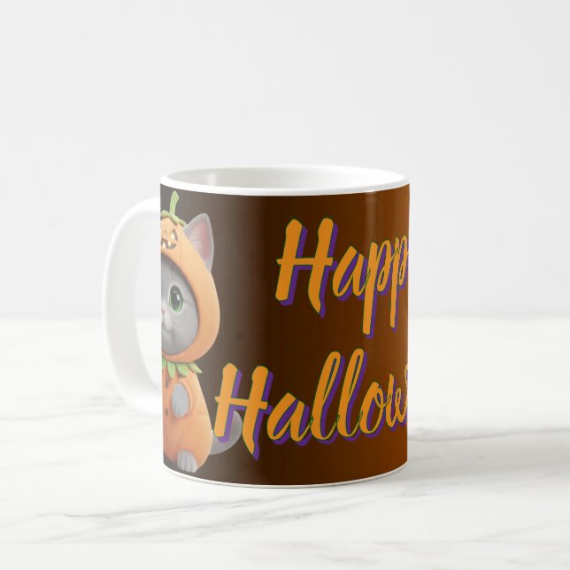 Whimsical Pumpkin Kitty Halloween Coffee Mug (Front Left)