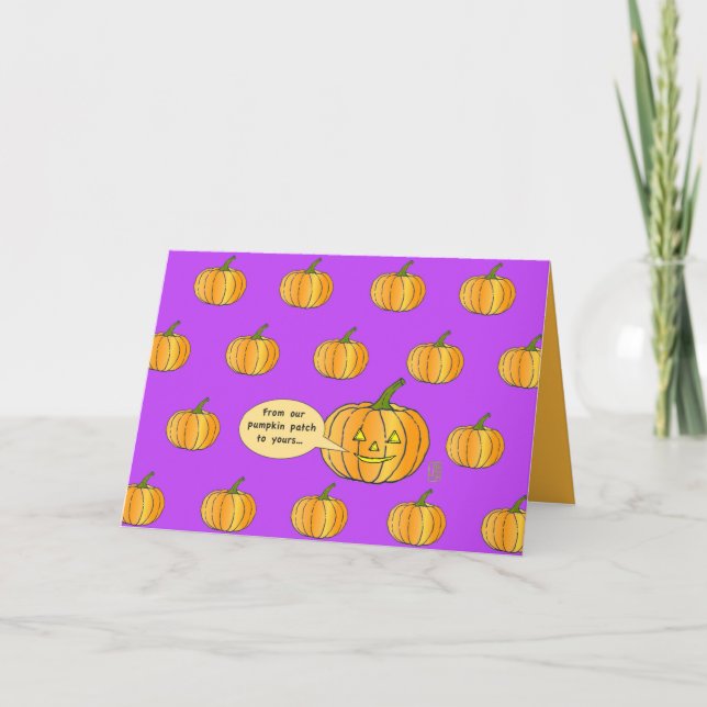 Whimsical Pumpkin Patch on Fuschia Halloween Card (Front)