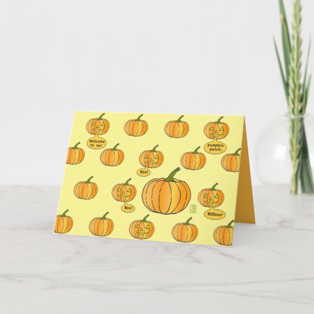 Whimsical Pumpkin Patch on Pale Yellow Halloween Card (Front)
