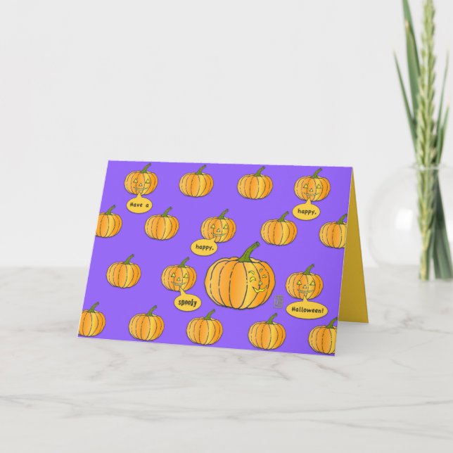 Whimsical Pumpkin Patch on Purple Halloween Card (Front)