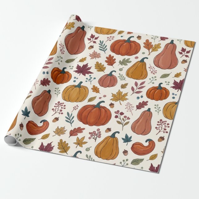 Whimsical Pumpkins & Autumn Leaves Fall Pattern Wrapping Paper (Unrolled)