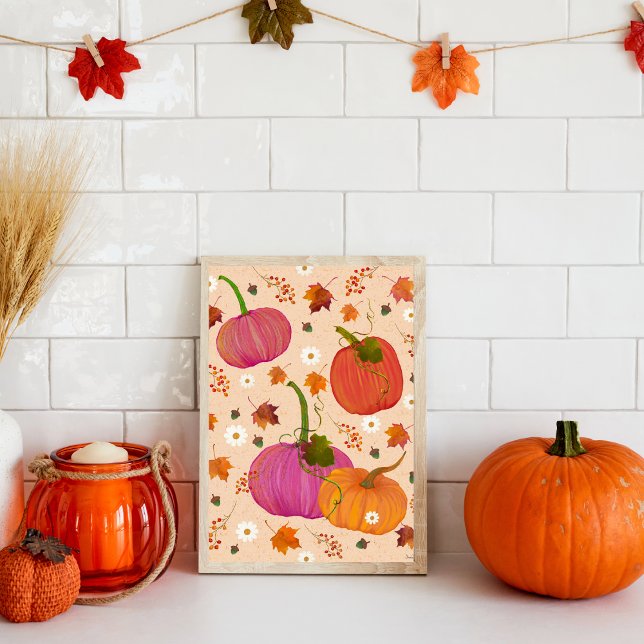 Whimsical Pumpkins Fall Leaves Watercolor Art Poster (Pretty orange and pink pumpkins with falling autumn leaves. Watercolor )
