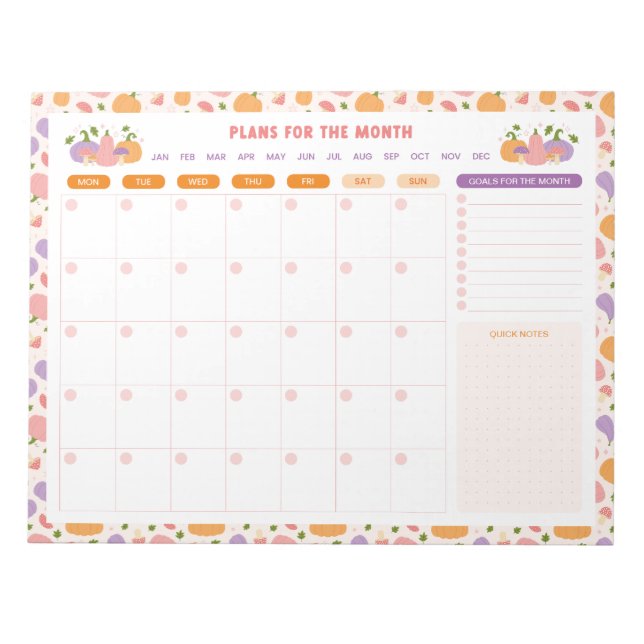 Whimsical Pumpkins Monthly To Do List Planner Notepad (Front)