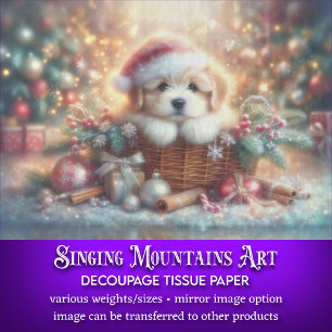 Whimsical Puppy in Christmas Hat Holiday Decoupage Tissue Paper