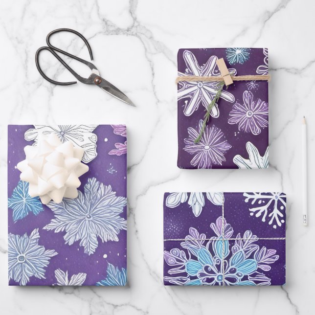 Whimsical Purple and Blue Snowflakes Christmas  Wrapping Paper Sheet (Front)