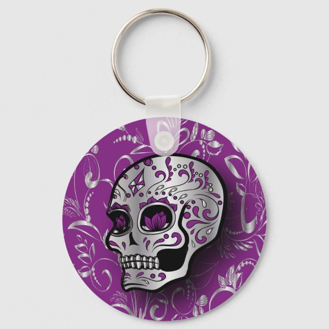 Whimsical Purple and Silver Sugar Skull Key Ring (Front)