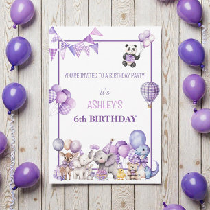 Whimsical Purple Animals Birthday  Invitation