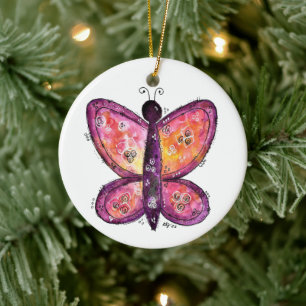 Whimsical Purple Butterfly Ceramic Ornament